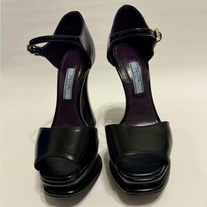 PRADA black leather slingback platform heels size 35.5 EU